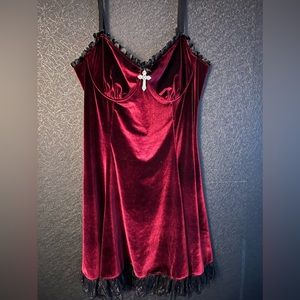Widow Red Velvet Mini Dress with Cross Accent